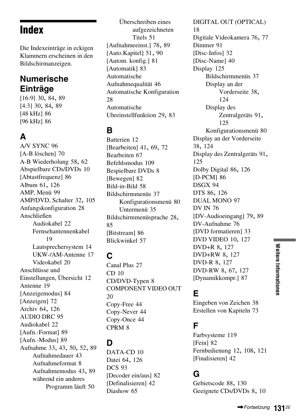 Index, Numerische einträge | Sony DAR-RD100 User Manual | Page 261 / 520