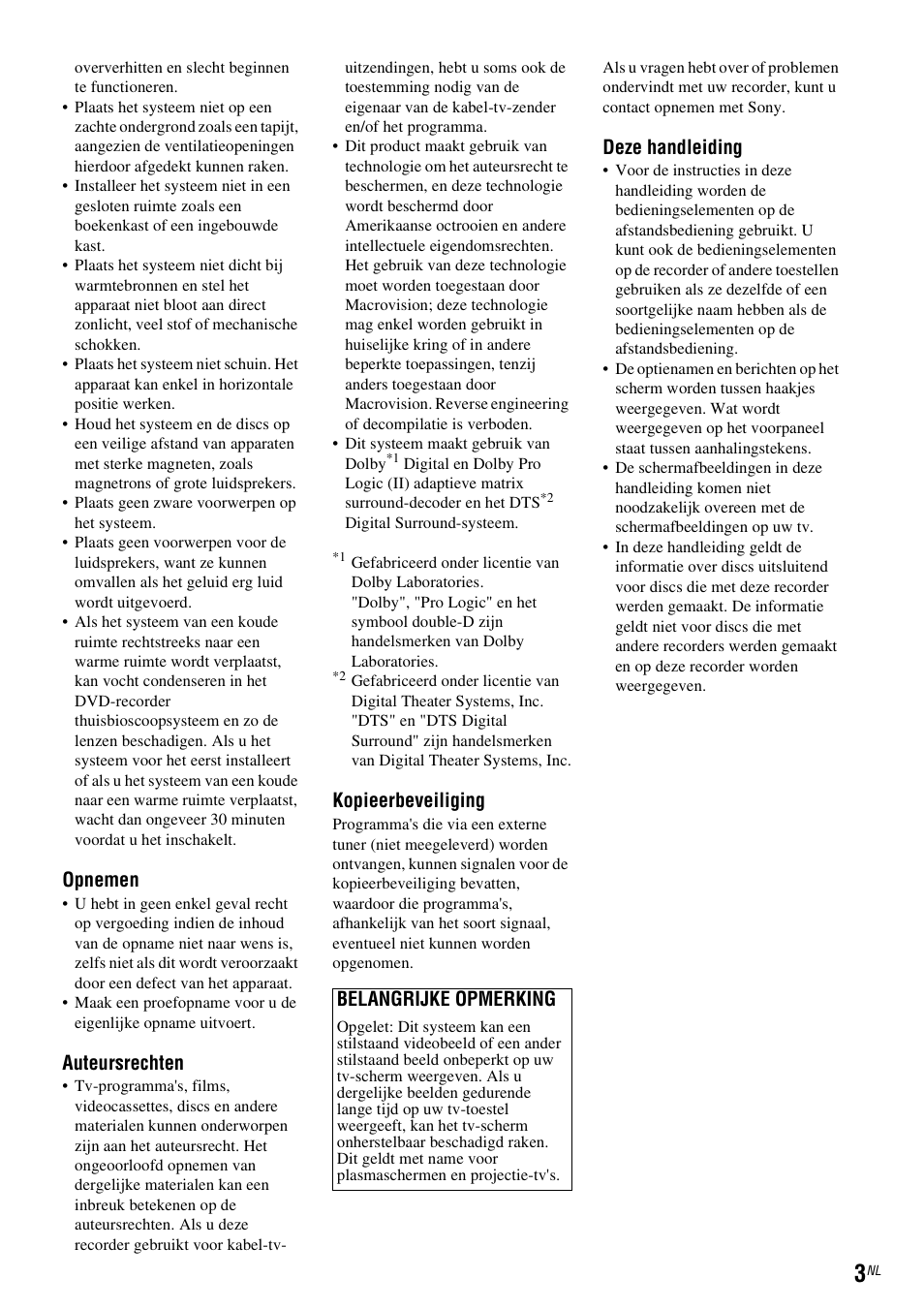 Opnemen, Auteursrechten, Kopieerbeveiliging | Deze handleiding, Belangrijke opmerking | Sony DAR-RD100 User Manual | Page 267 / 520
