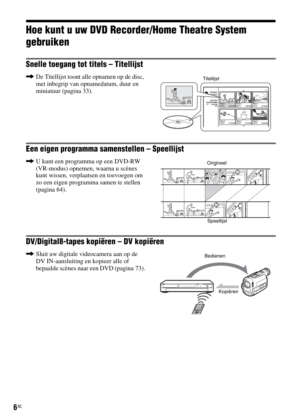 Snelle toegang tot titels – titellijst, Een eigen programma samenstellen – speellijst, Dv/digital8-tapes kopiëren – dv kopiëren | Sony DAR-RD100 User Manual | Page 270 / 520