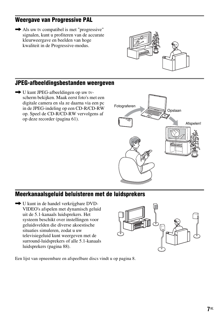 Weergave van progressive pal, Jpeg-afbeeldingsbestanden weergeven, Meerkanaalsgeluid beluisteren met de luidsprekers | Sony DAR-RD100 User Manual | Page 271 / 520