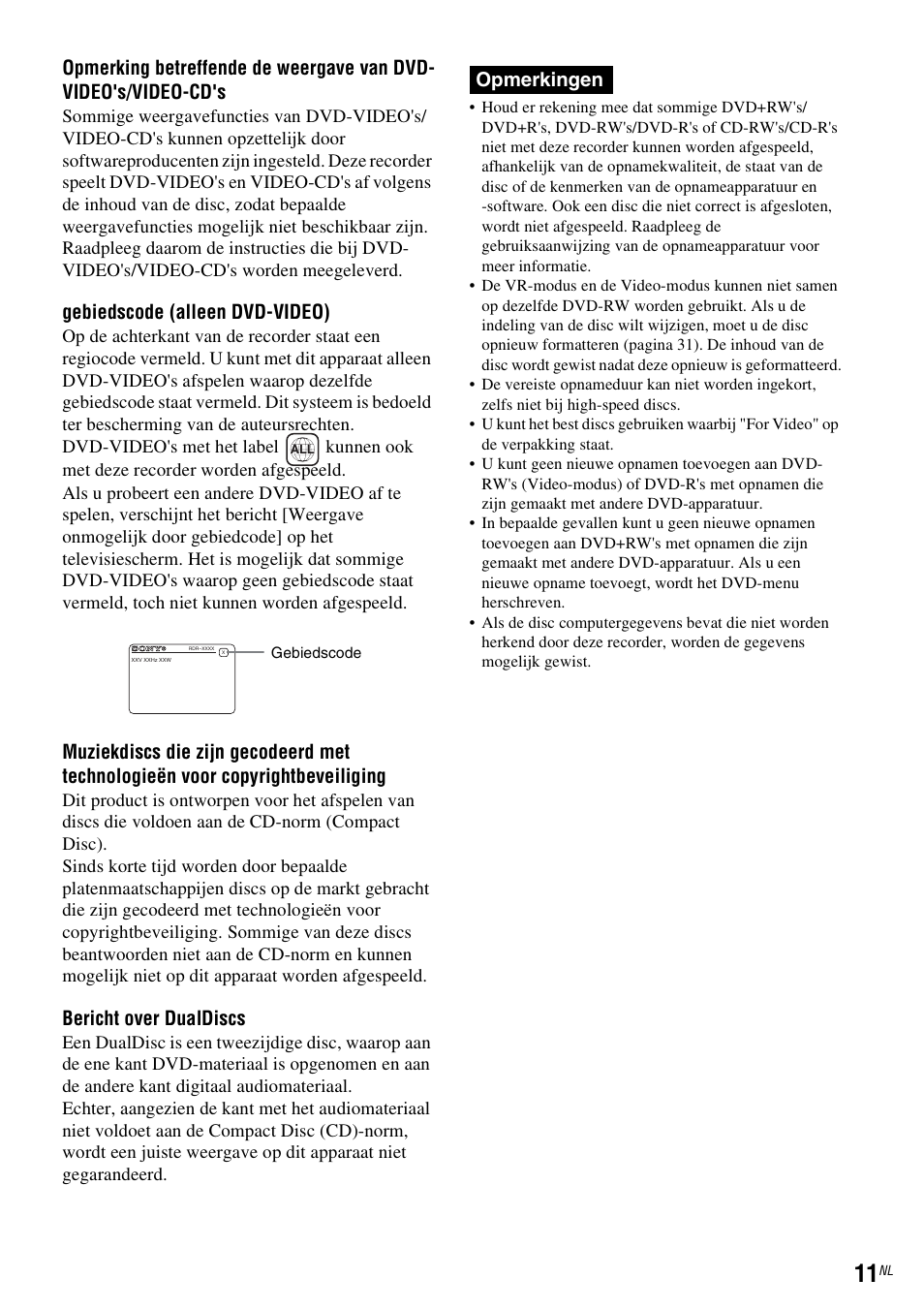Gebiedscode (alleen dvd-video), Bericht over dualdiscs, Opmerkingen | Sony DAR-RD100 User Manual | Page 275 / 520