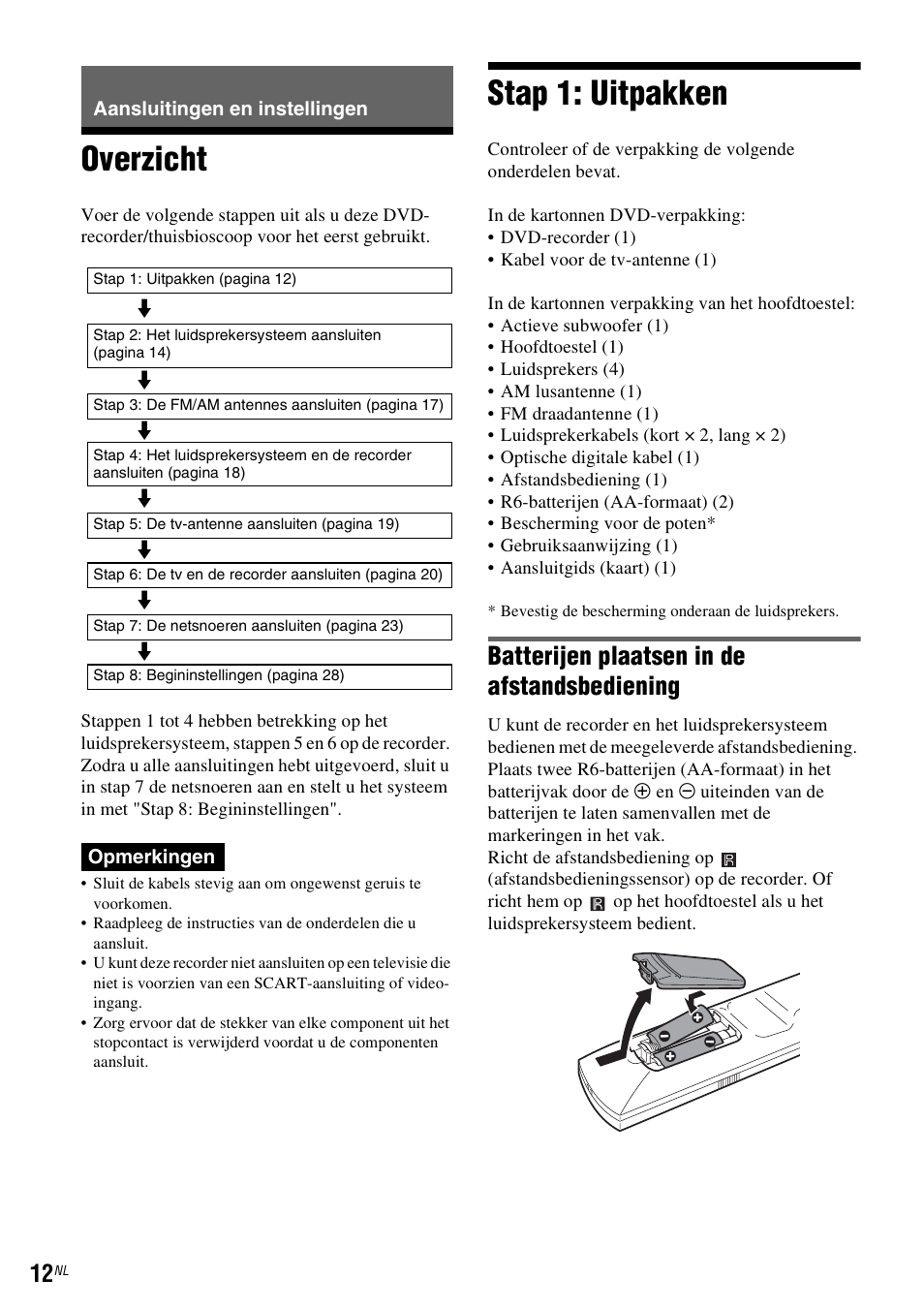 Aansluitingen en instellingen, Overzicht, Stap 1: uitpakken | Overzicht stap 1: uitpakken, Batterijen plaatsen in de afstandsbediening | Sony DAR-RD100 User Manual | Page 276 / 520