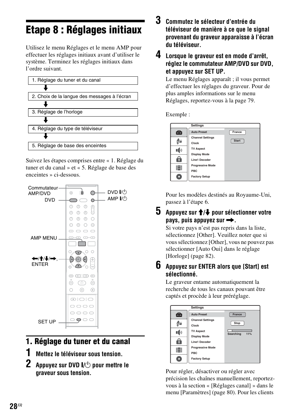 Etape8: réglages initiaux, Etape 8 : réglages initiaux, Réglage du tuner et du canal | Mettez le téléviseur sous tension | Sony DAR-RD100 User Manual | Page 28 / 520