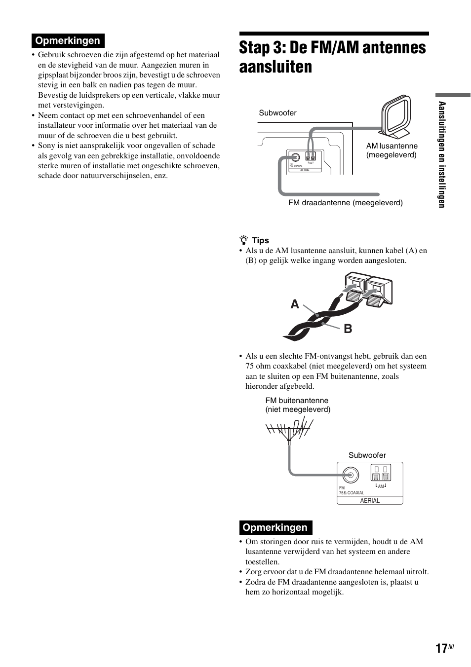 Stap 3: de fm/am antennes aansluiten, Opmerkingen | Sony DAR-RD100 User Manual | Page 281 / 520