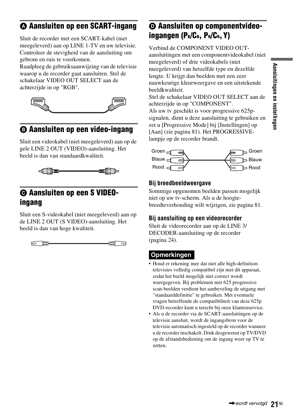Aansluiten op een scart-ingang, Aansluiten op een video-ingang, Aansluiten op een s video- ingang | Aansluiten op componentvideo- ingangen (p | Sony DAR-RD100 User Manual | Page 285 / 520