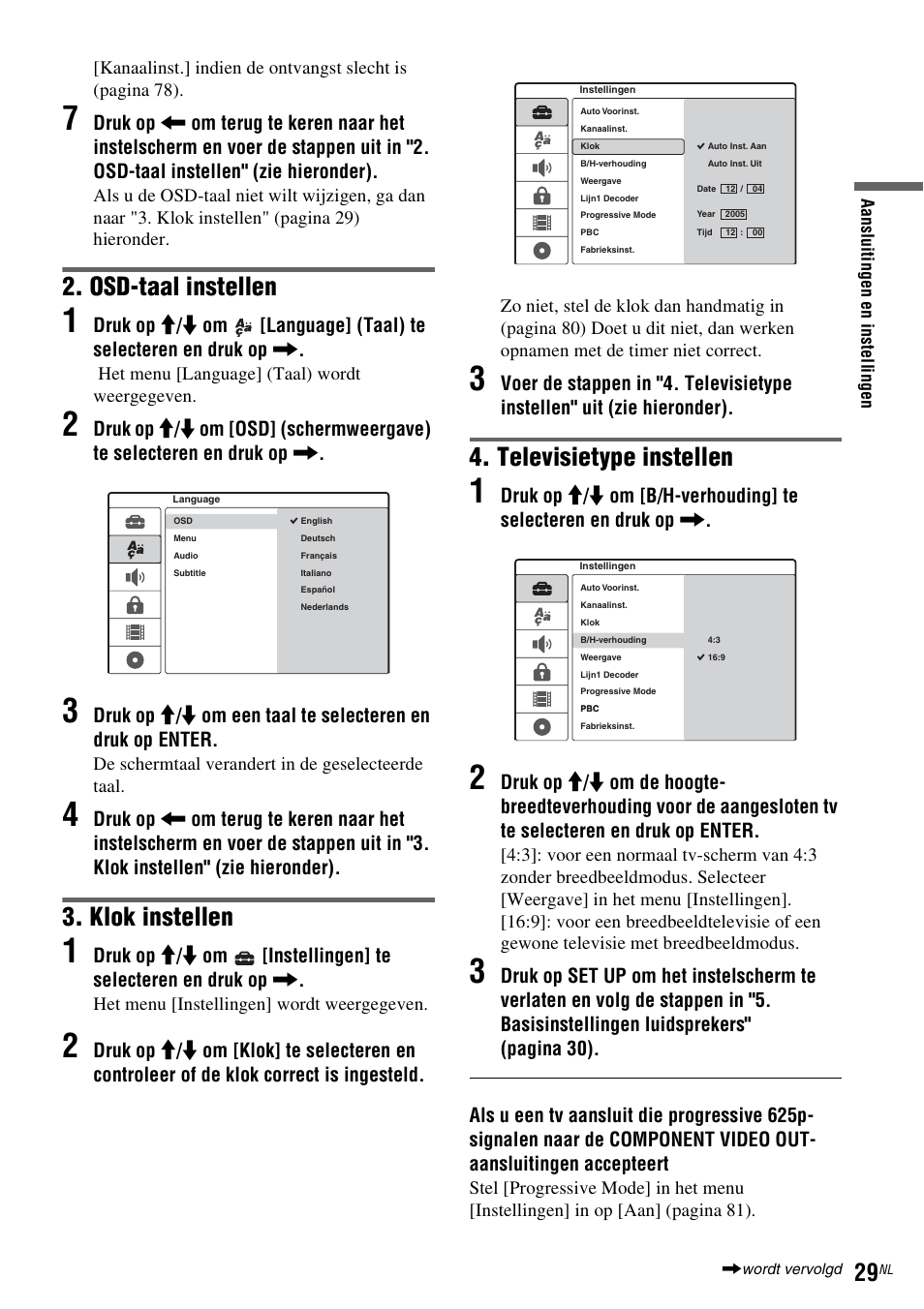 Osd-taal instellen, Klok instellen, Televisietype instellen | Sony DAR-RD100 User Manual | Page 293 / 520