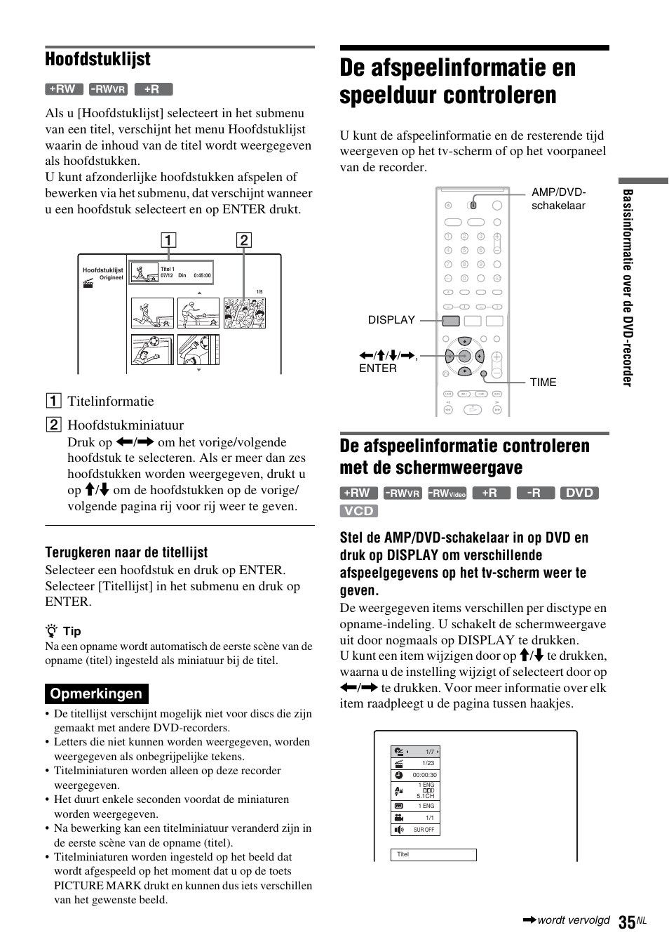 De afspeelinformatie en speelduur controleren, Hoofdstuklijst, A titelinformatie b hoofdstukminiatuur | Terugkeren naar de titellijst, Opmerkingen | Sony DAR-RD100 User Manual | Page 299 / 520