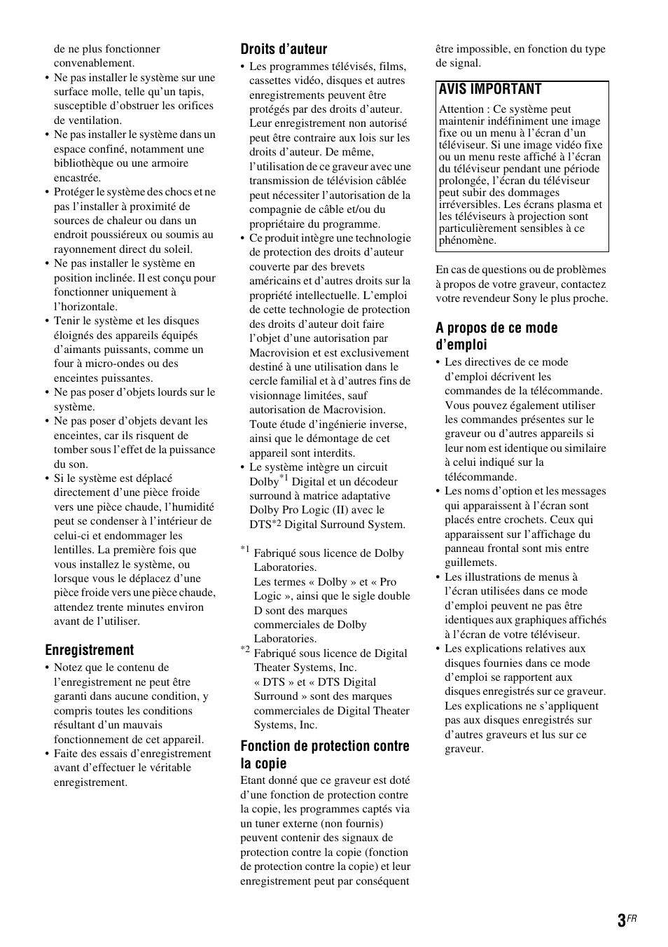 Enregistrement, Droits d’auteur, Fonction de protection contre la copie | A propos de ce mode d’emploi, Avis important | Sony DAR-RD100 User Manual | Page 3 / 520