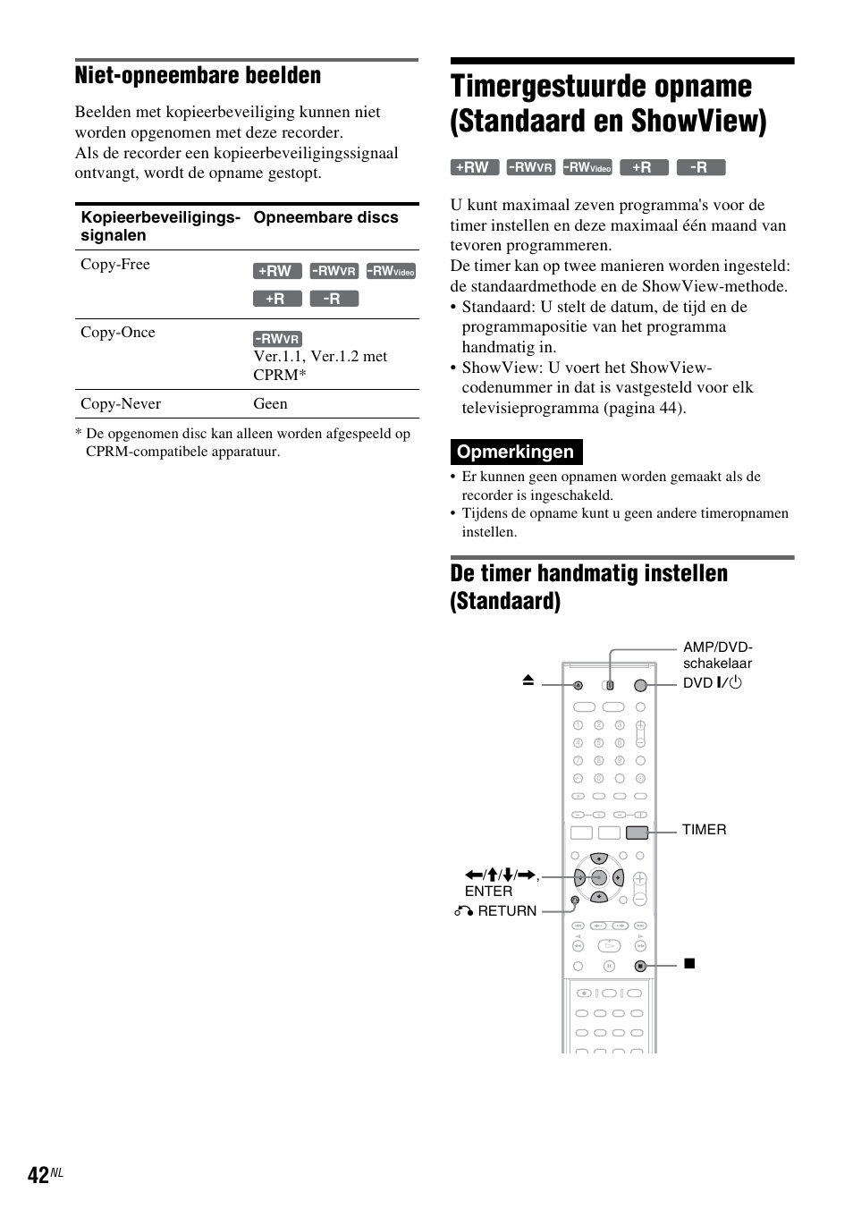 Timergestuurde opname (standaard en showview), Niet-opneembare beelden, De timer handmatig instellen (standaard) | Opmerkingen | Sony DAR-RD100 User Manual | Page 306 / 520
