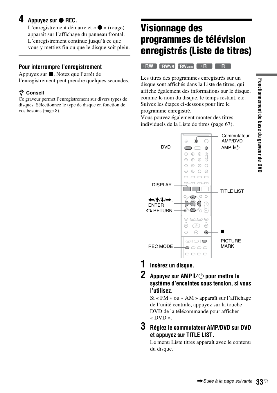 Appuyez sur z rec, Pour interrompre l’enregistrement, Insérez un disque | Sony DAR-RD100 User Manual | Page 33 / 520