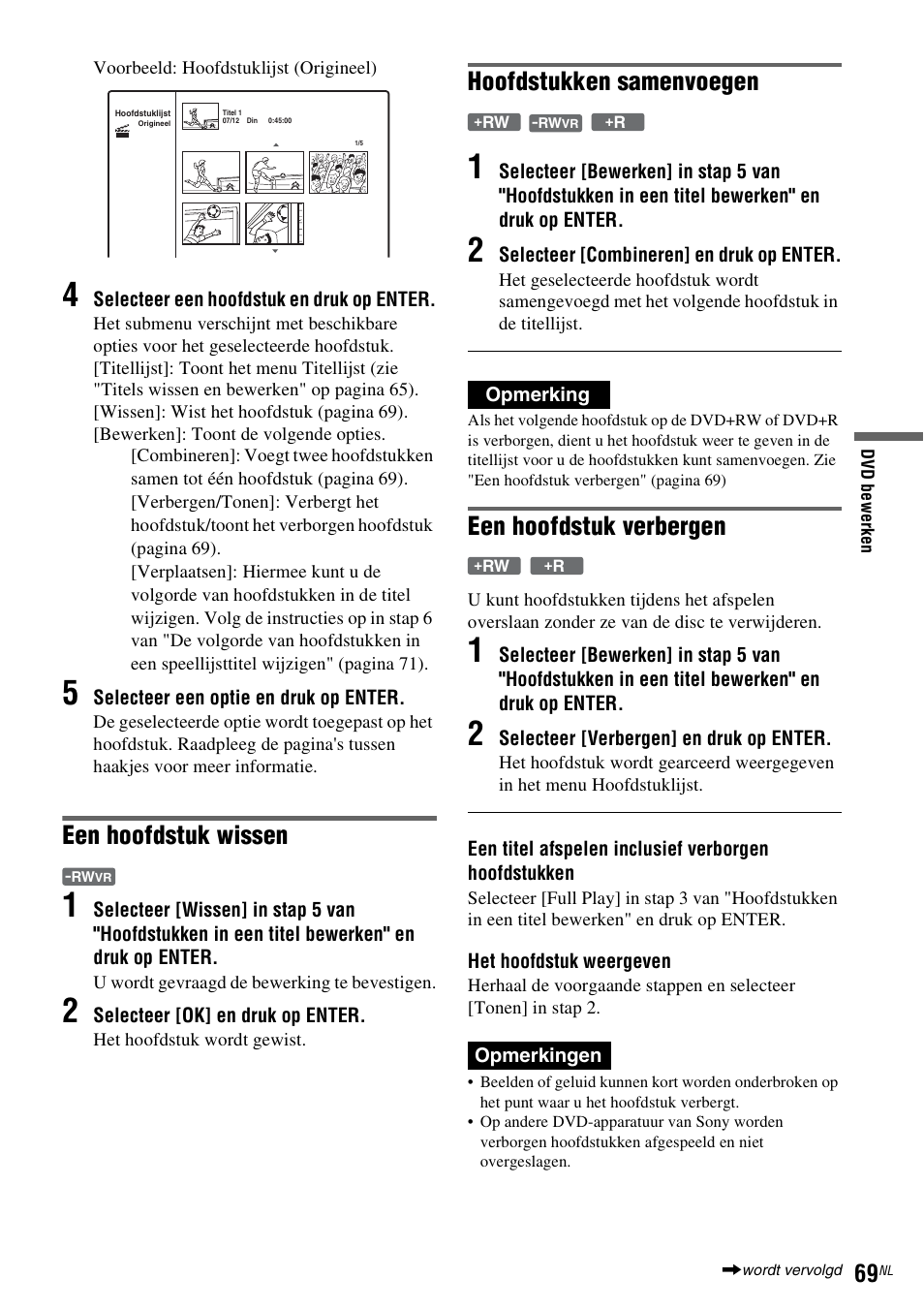Een hoofdstuk wissen, Hoofdstukken samenvoegen, Een hoofdstuk verbergen | Sony DAR-RD100 User Manual | Page 333 / 520