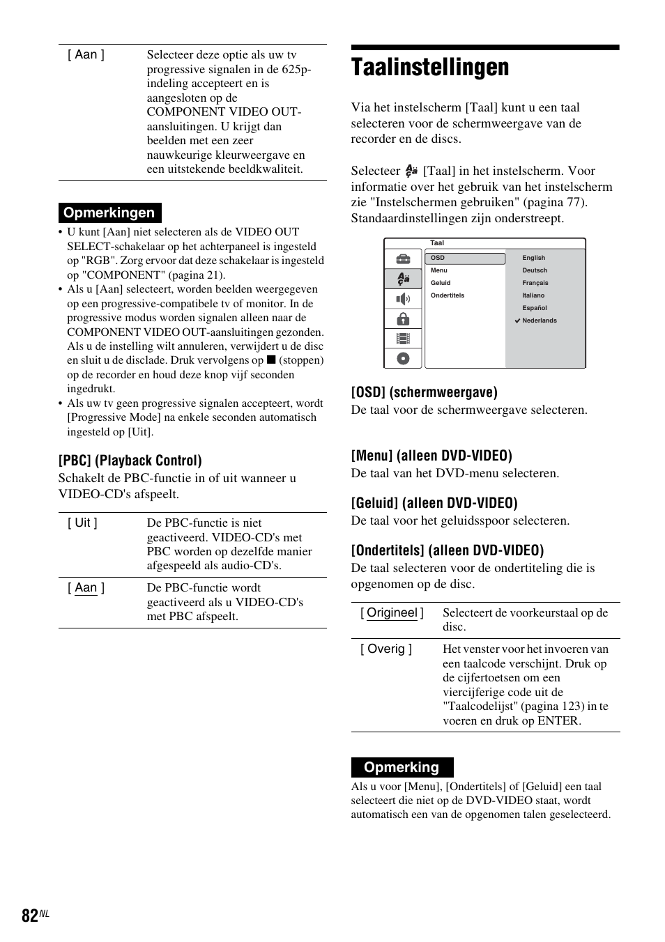 Taalinstellingen, Opmerkingen, Pbc] (playback control) | Osd] (schermweergave), Menu] (alleen dvd-video), Geluid] (alleen dvd-video), Ondertitels] (alleen dvd-video), Opmerking | Sony DAR-RD100 User Manual | Page 346 / 520