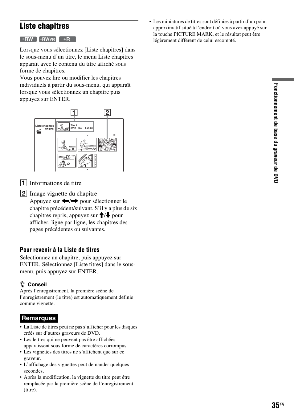 Liste chapitres, Pour revenir à la liste de titres, Remarques | Sony DAR-RD100 User Manual | Page 35 / 520