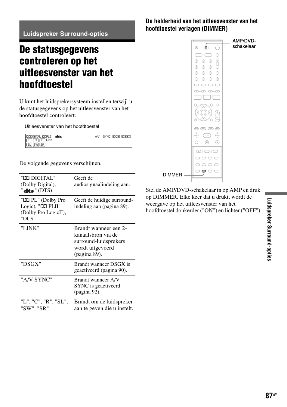 Luidspreker surround-opties, A/v sync, Lui ds pre ker su rrou nd-o p ties | Brandt wanneer dsgx is geactiveer d (pagina 90), Brandt wanneer a/v sync is geactiveerd (pagina 92) | Sony DAR-RD100 User Manual | Page 351 / 520