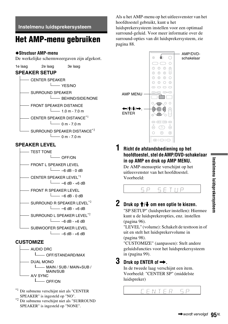 Instelmenu luidsprekersysteem, Het amp-menu gebruiken, Druk op m / m om een optie te kiezen | Druk op enter of, Speaker setup, Speaker level, Customize | Sony DAR-RD100 User Manual | Page 359 / 520