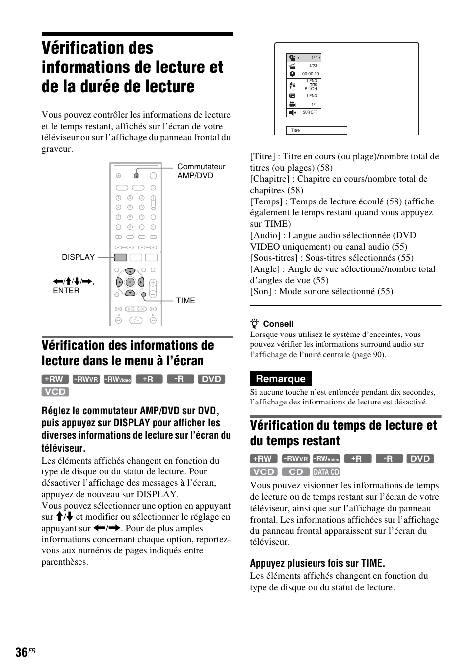 Remarque, Appuyez plusieurs fois sur time | Sony DAR-RD100 User Manual | Page 36 / 520