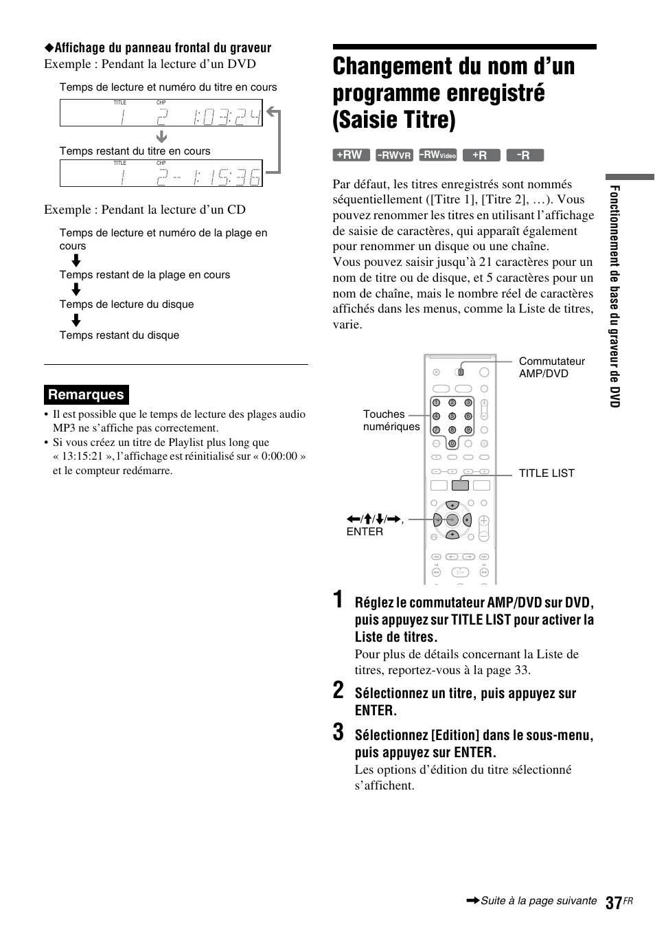 Remarques, Sélectionnez un titre, puis appuyez sur enter | Sony DAR-RD100 User Manual | Page 37 / 520