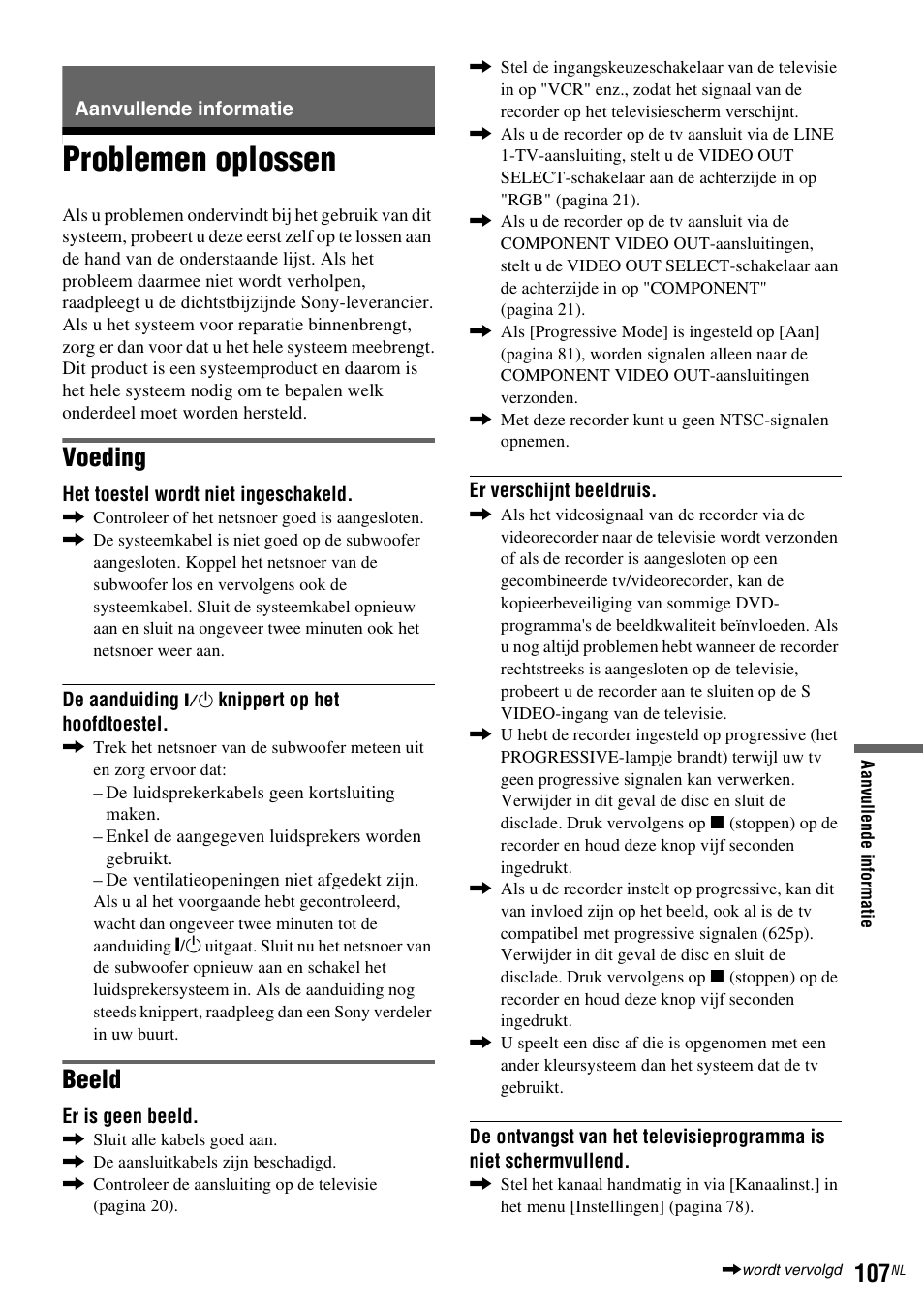 Aanvullende informatie, Problemen oplossen, Voeding | Beeld | Sony DAR-RD100 User Manual | Page 371 / 520