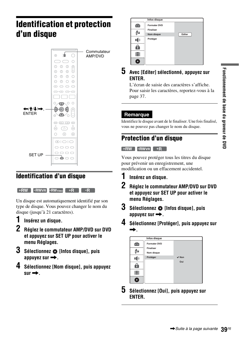 Identification et protection d’un disque, Identification d’un disque, Protection d’un disque | Sony DAR-RD100 User Manual | Page 39 / 520