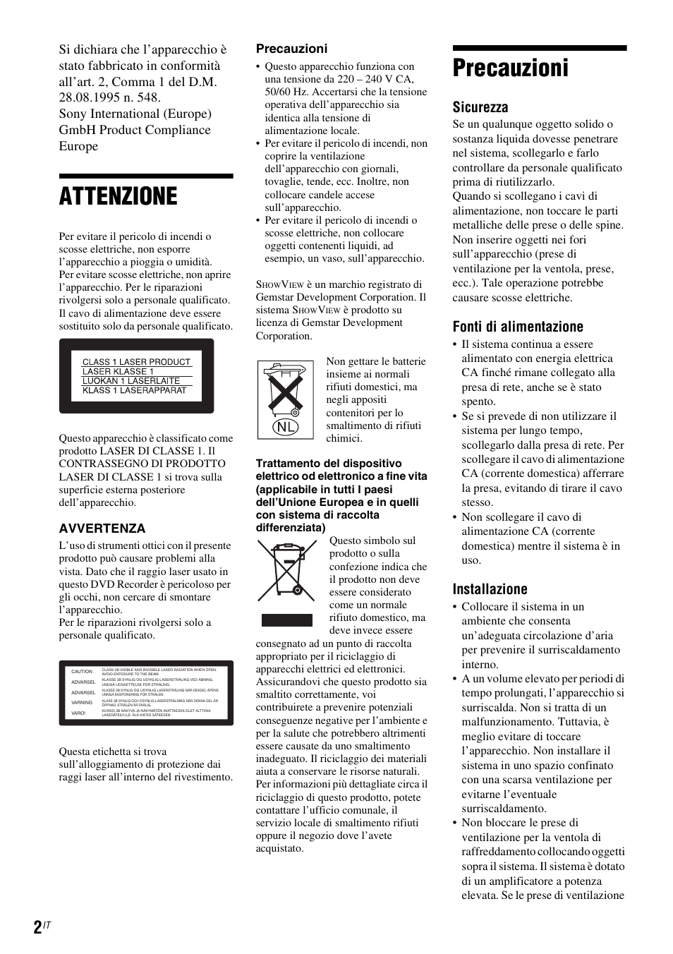Attenzione, Precauzioni, Sicurezza | Fonti di alimentazione, Installazione | Sony DAR-RD100 User Manual | Page 394 / 520