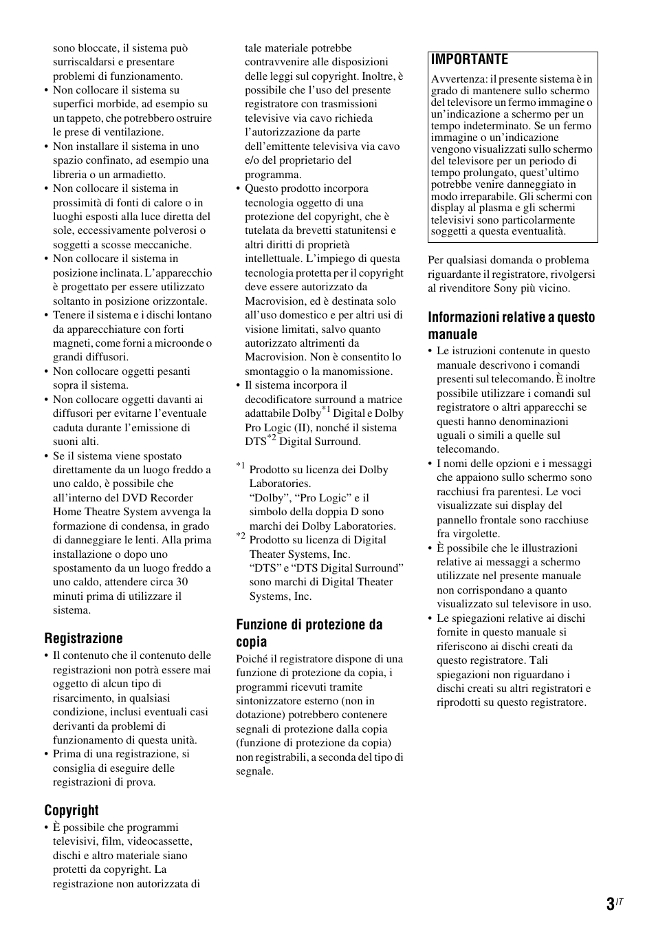 Registrazione, Copyright, Funzione di protezione da copia | Informazioni relative a questo manuale, Importante | Sony DAR-RD100 User Manual | Page 395 / 520
