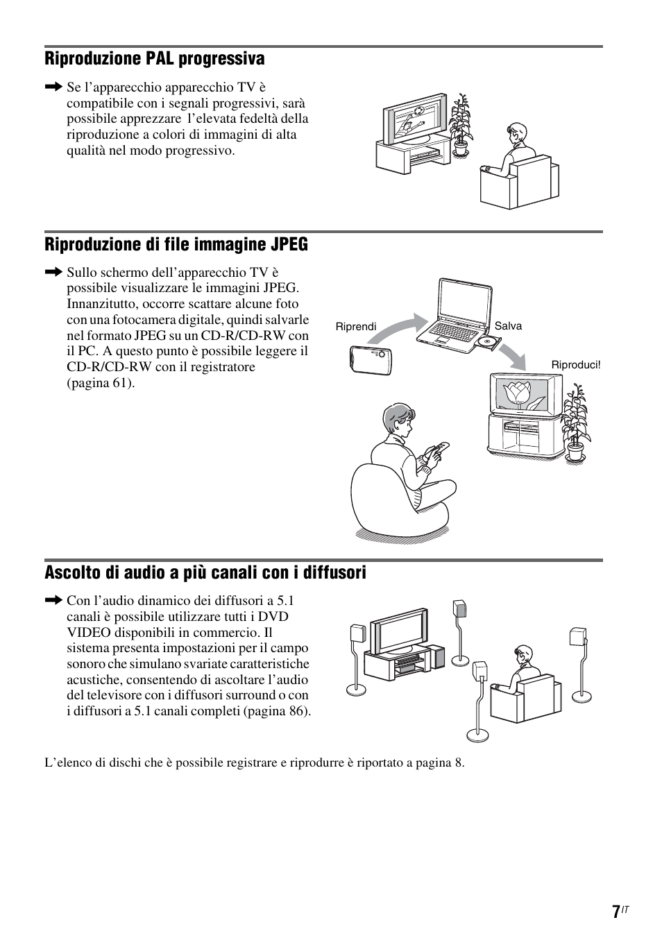 Riproduzione pal progressiva, Riproduzione di file immagine jpeg, Ascolto di audio a più canali con i diffusori | Sony DAR-RD100 User Manual | Page 399 / 520