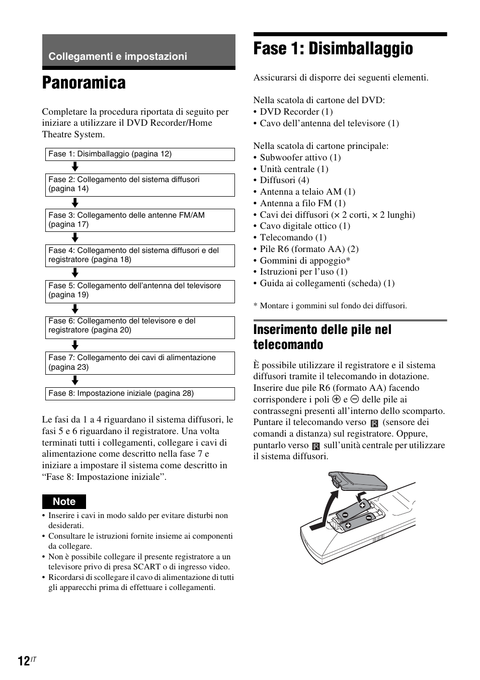 Collegamenti e impostazioni, Panoramica, Fase 1: disimballaggio | Panoramica fase 1: disimballaggio, Inserimento delle pile nel telecomando | Sony DAR-RD100 User Manual | Page 404 / 520