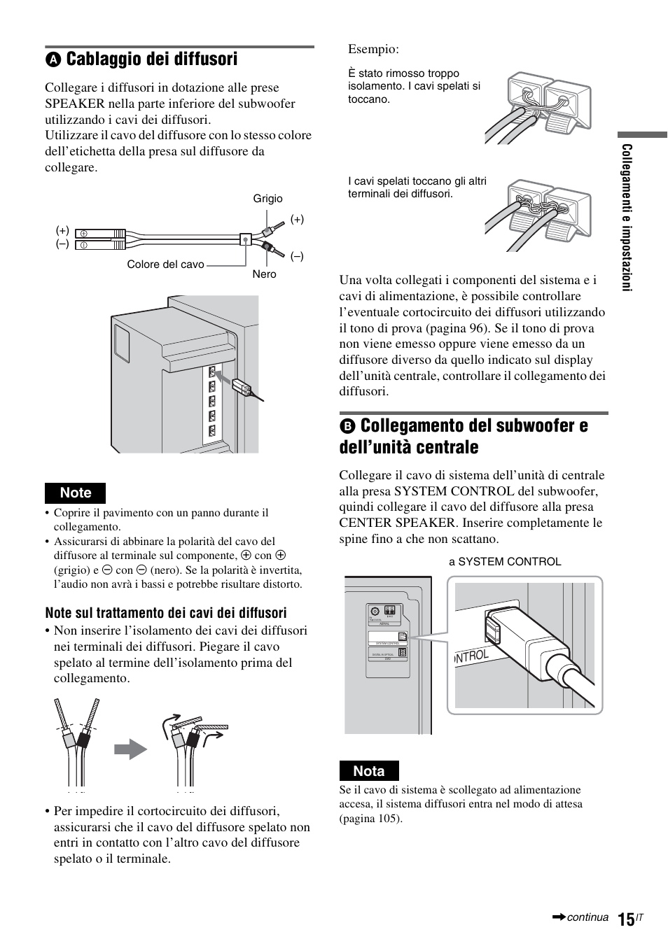 Cablaggio dei diffusori, Collegamento del subwoofer e dell’unità centrale, Nota | Sony DAR-RD100 User Manual | Page 407 / 520