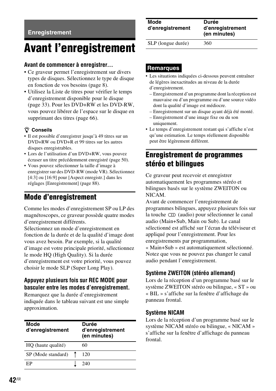 Enregistrement, Avant l’enregistrement, Mode d’enregistrement | Enregistrement de programmes stéréo et bilingues | Sony DAR-RD100 User Manual | Page 42 / 520