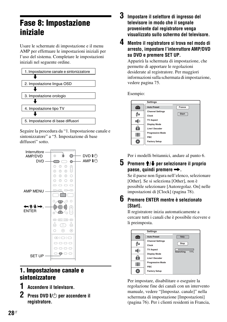 Fase 8: impostazione iniziale, Impostazione canale e sintonizzatore, Accendere il televisore | Press dvd [ / 1 per accendere il registratore, Premere enter mentre è selezionato [start | Sony DAR-RD100 User Manual | Page 420 / 520