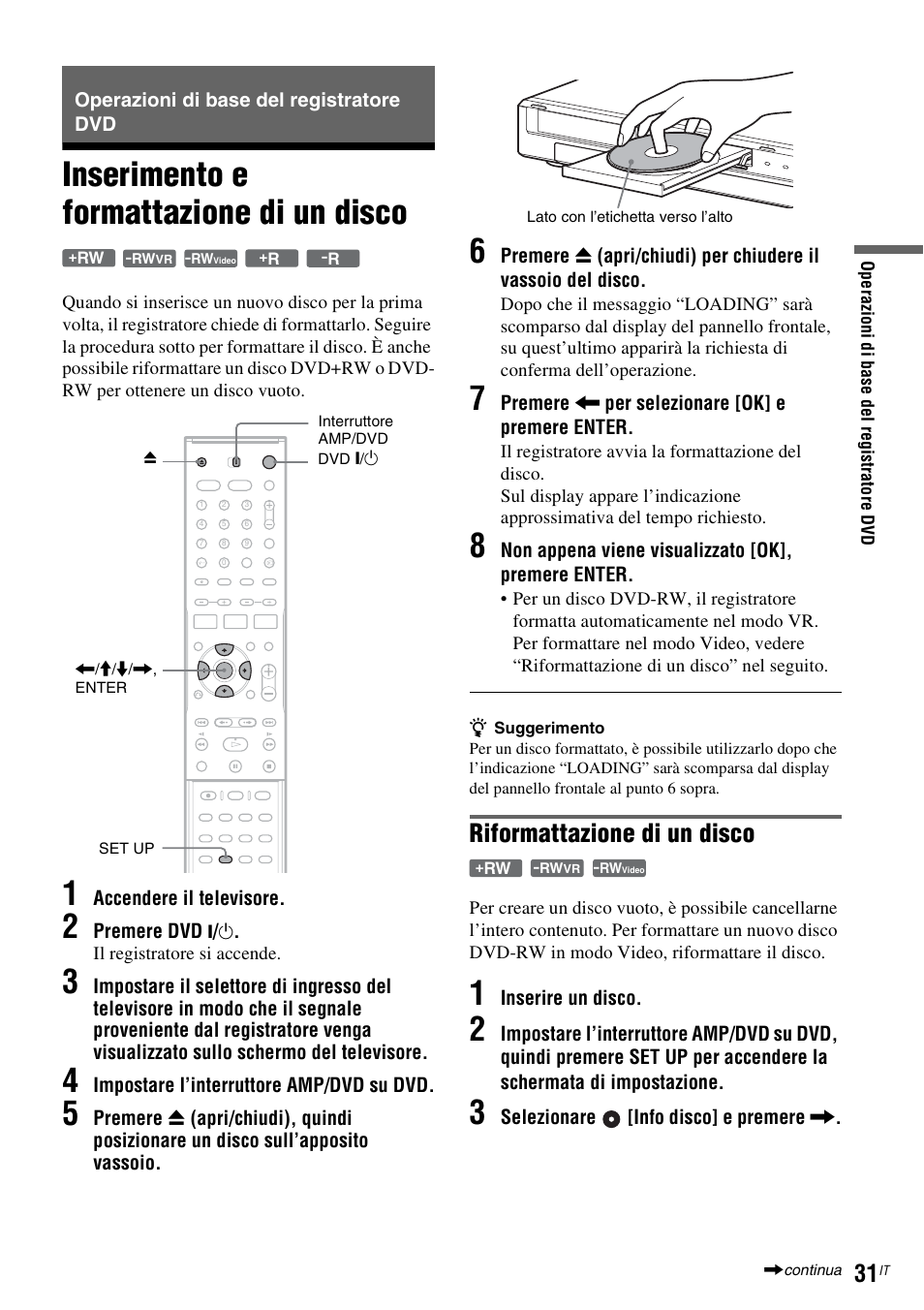 Operazioni di base del registratore dvd, Inserimento e formattazione di un disco, Riformattazione di un disco | Sony DAR-RD100 User Manual | Page 423 / 520