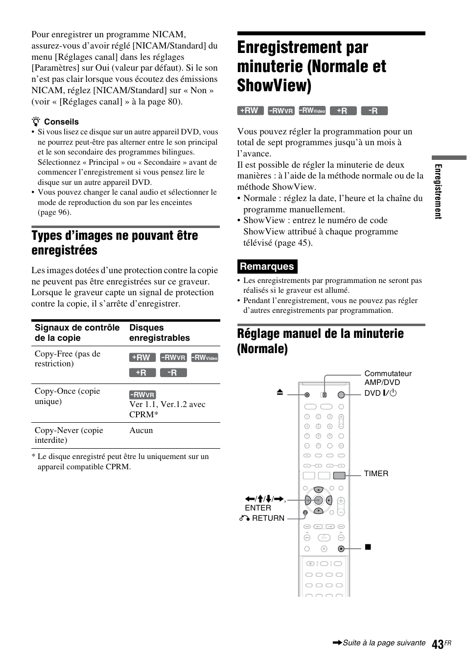 Enregistrement par minuterie (normale et showview), Types d’images ne pouvant être enregistrées, Réglage manuel de la minuterie (normale) | Remarques | Sony DAR-RD100 User Manual | Page 43 / 520