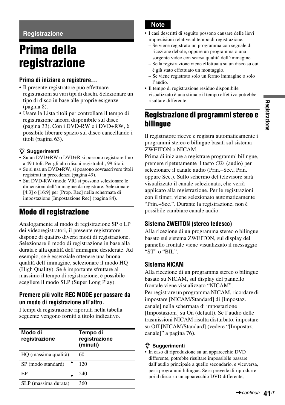 Registrazione, Prima della registrazione, Modo di registrazione | Registrazione di programmi stereo e bilingue | Sony DAR-RD100 User Manual | Page 433 / 520