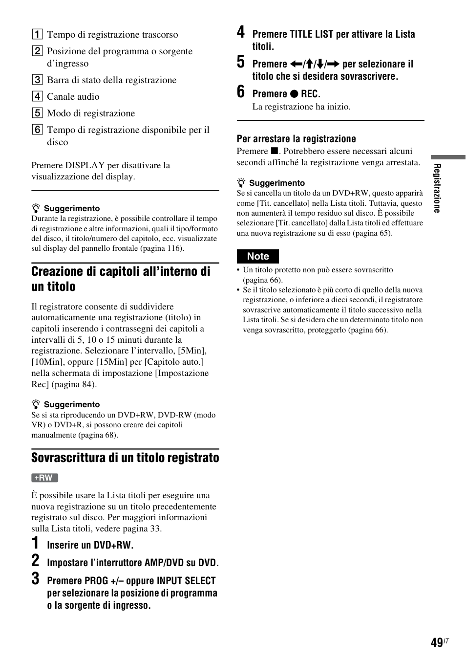 Creazione di capitoli all’interno di un titolo, Sovrascrittura di un titolo registrato | Sony DAR-RD100 User Manual | Page 441 / 520