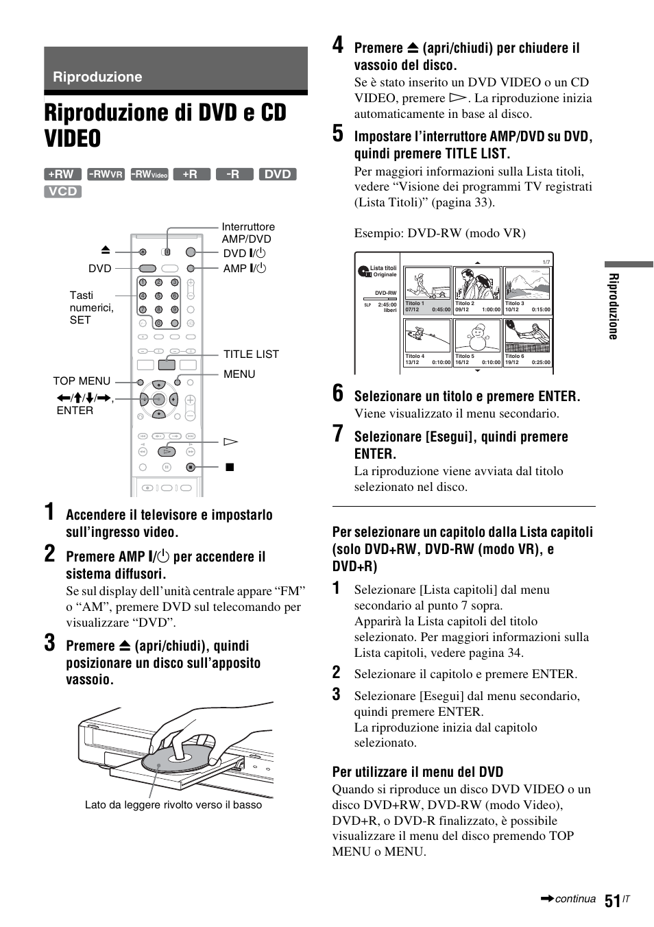 Riproduzione, Riproduzione di dvd e cd video, Riproduzione di dvd e cd video 1 | Selezionare un titolo e premere enter, Selezionare [esegui], quindi premere enter, Per utilizzare il menu del dvd | Sony DAR-RD100 User Manual | Page 443 / 520