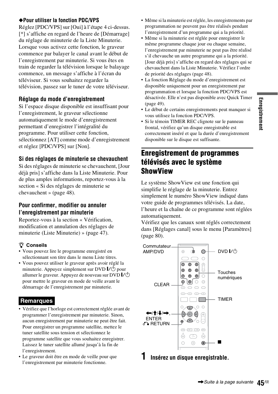 Réglage du mode d’enregistrement, Si des réglages de minuterie se chevauchent, Remarques | Insérez un disque enregistrable | Sony DAR-RD100 User Manual | Page 45 / 520