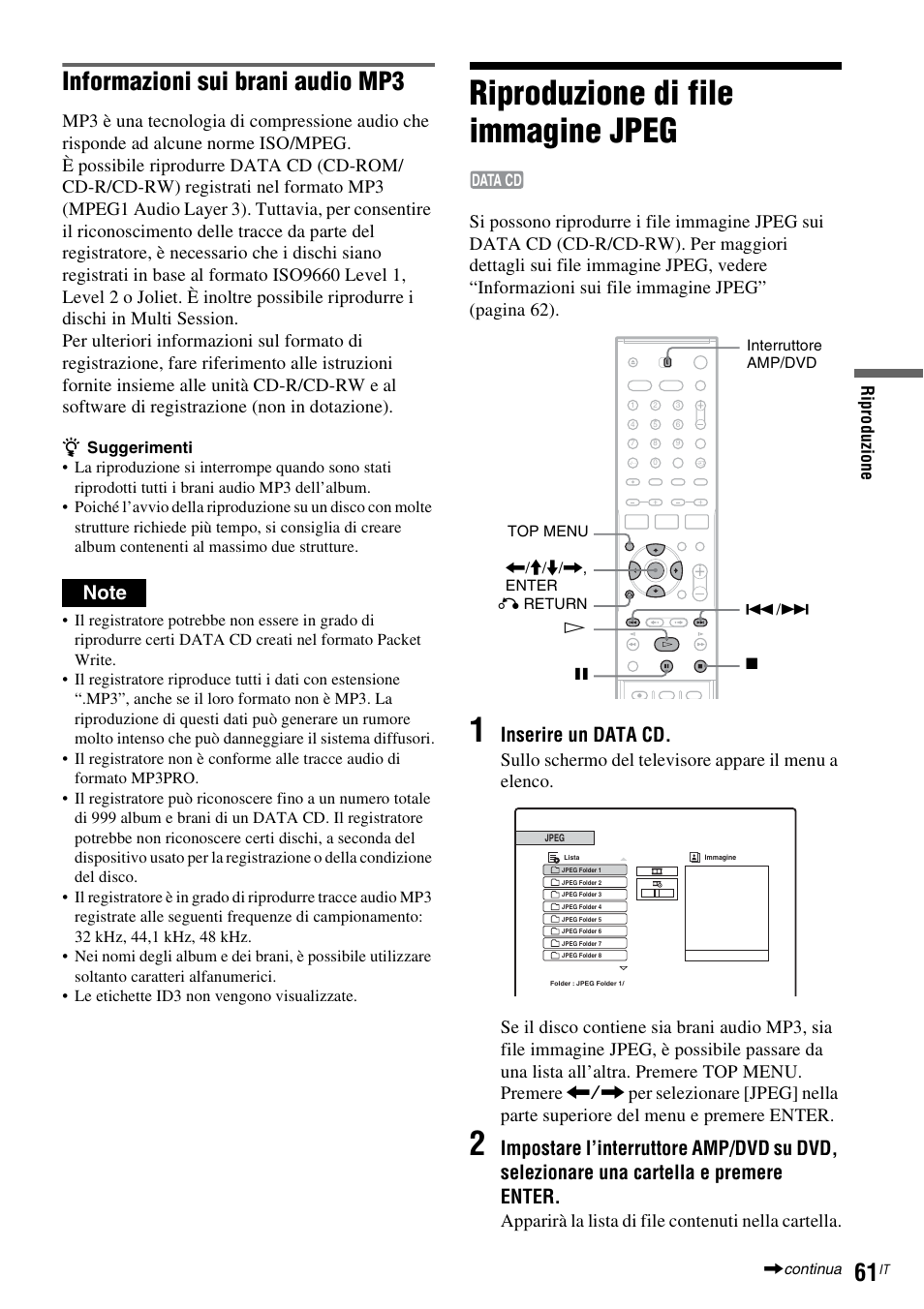 Riproduzione di file immagine jpeg, Informazioni sui brani audio mp3, Inserire un data cd | Apparirà la lista di file contenuti nella cartella | Sony DAR-RD100 User Manual | Page 453 / 520