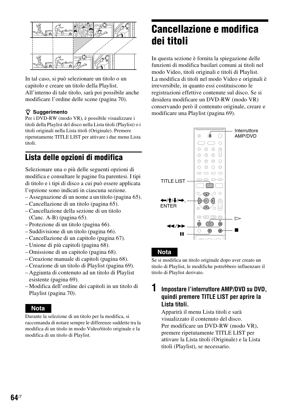 Cancellazione e modifica dei titoli, Lista delle opzioni di modifica, Nota | Sony DAR-RD100 User Manual | Page 456 / 520