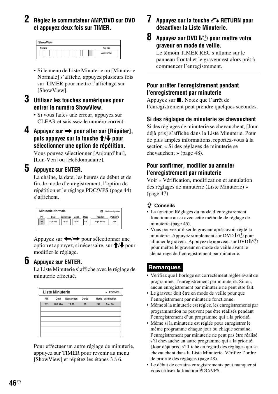 Appuyez sur enter, Si des réglages de minuterie se chevauchent, Remarques | Sony DAR-RD100 User Manual | Page 46 / 520