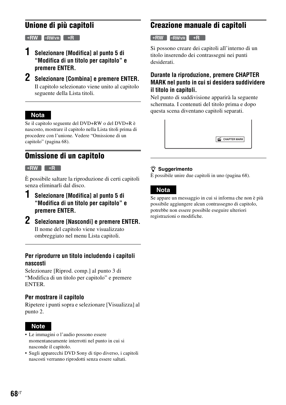 Unione di più capitoli, Omissione di un capitolo, Creazione manuale di capitoli | Sony DAR-RD100 User Manual | Page 460 / 520