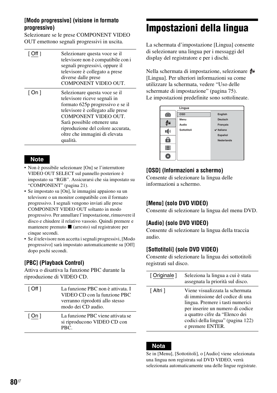 Impostazioni della lingua, Modo progressivo] (visione in formato progressivo), Pbc] (playback control) | Osd] (informazioni a schermo), Menu] (solo dvd video), Audio] (solo dvd video), Sottotitoli] (solo dvd video), Nota | Sony DAR-RD100 User Manual | Page 472 / 520