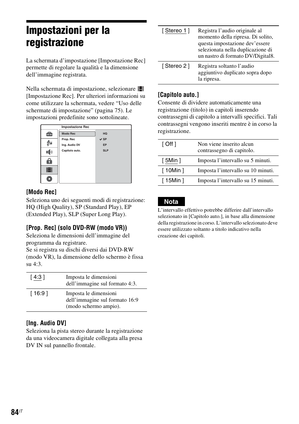 Impostazioni per la registrazione, Modo rec, Prop. rec] (solo dvd-rw (modo vr)) | Ing. audio dv, Capitolo auto, Nota | Sony DAR-RD100 User Manual | Page 476 / 520