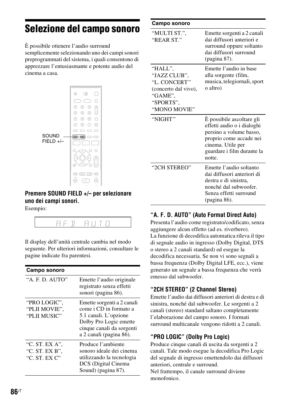 Selezione del campo sonoro, A. f. d. auto” (auto format direct auto), 2ch stereo” (2 channel stereo) | Pro logic” (dolby pro logic) | Sony DAR-RD100 User Manual | Page 478 / 520