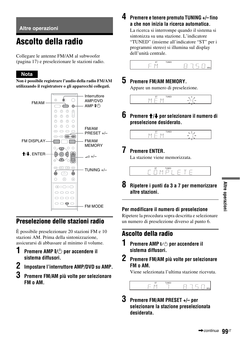 Altre operazioni, Ascolto della radio, Preselezione delle stazioni radio | Sony DAR-RD100 User Manual | Page 491 / 520