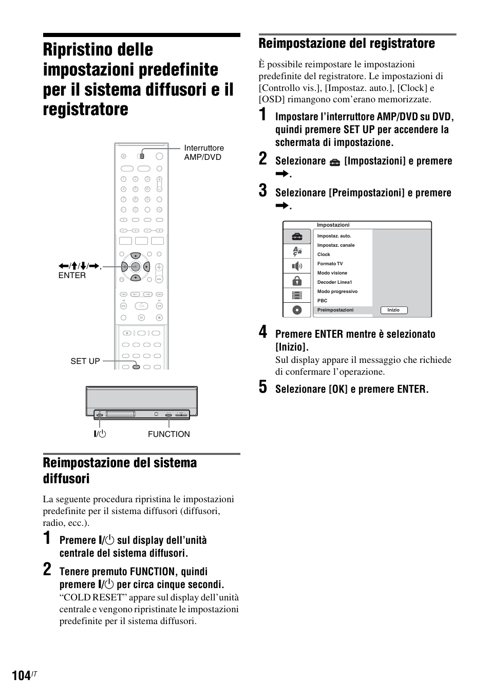 Reimpostazione del sistema diffusori, Reimpostazione del registratore | Sony DAR-RD100 User Manual | Page 496 / 520