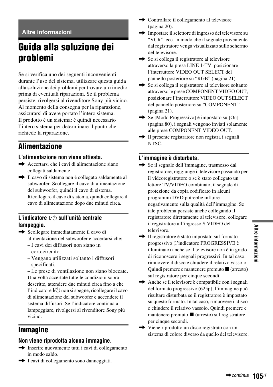 Altre informazioni, Guida alla soluzione dei problemi, Alimentazione | Immagine | Sony DAR-RD100 User Manual | Page 497 / 520