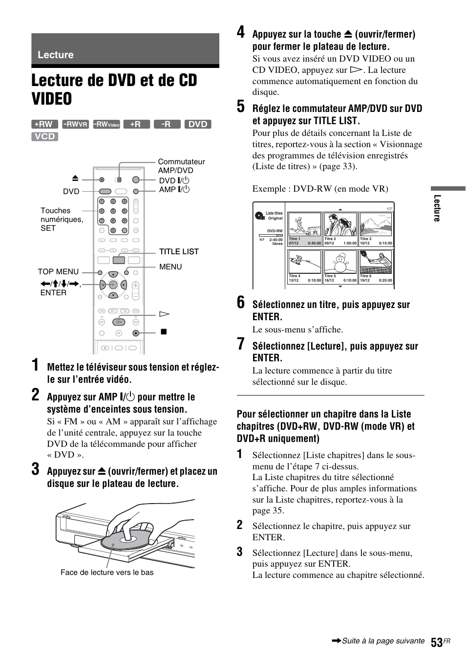 Lecture, Lecture de dvd et de cd video, Lecture de dvd et de cd video 1 | Sélectionnez un titre, puis appuyez sur enter, Sélectionnez [lecture], puis appuyez sur enter | Sony DAR-RD100 User Manual | Page 53 / 520