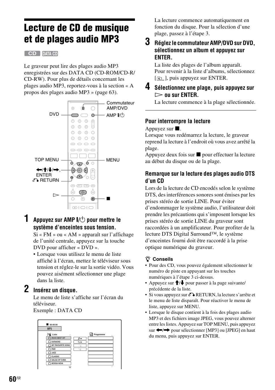 Lecture de cd de musique et de plages audio mp3, Insérez un disque, Pour interrompre la lecture | La lecture commence à la plage sélectionnée | Sony DAR-RD100 User Manual | Page 60 / 520