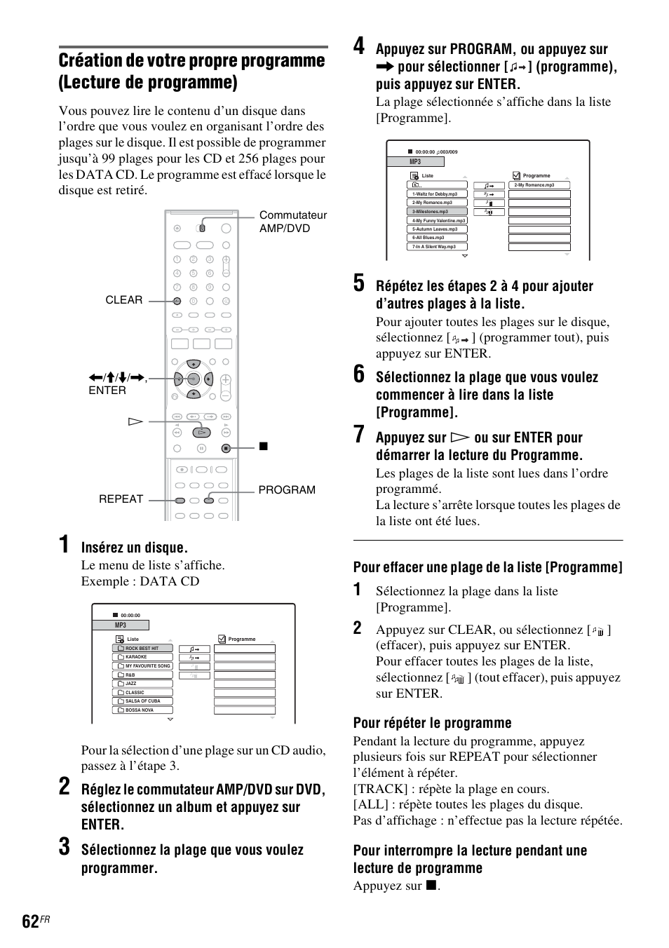 Insérez un disque, Sélectionnez la plage que vous voulez programmer, Pour effacer une plage de la liste [programme | Pour répéter le programme, Sélectionnez la plage dans la liste [programme, Appuyez sur x | Sony DAR-RD100 User Manual | Page 62 / 520