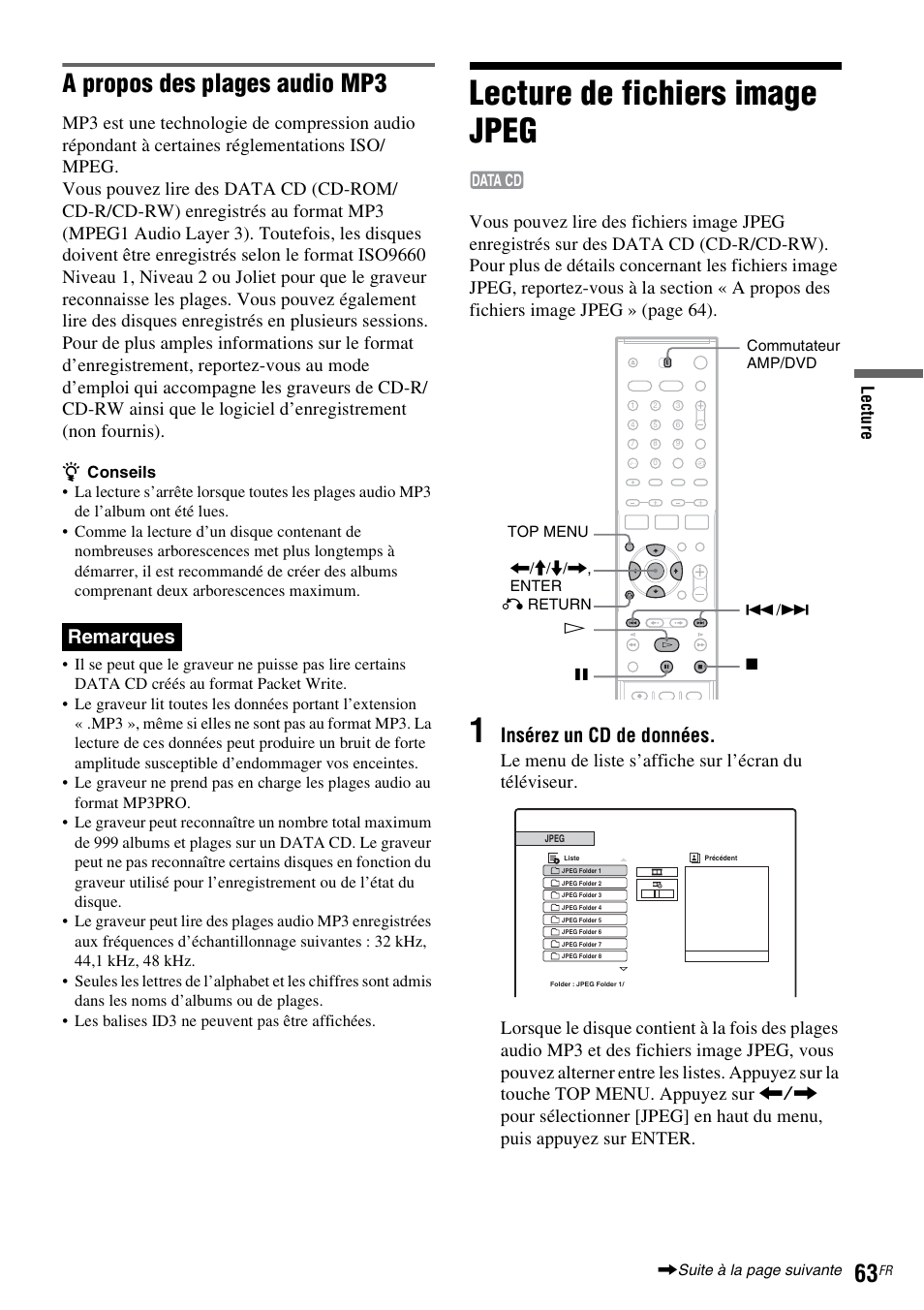 Lecture de fichiers image jpeg, A propos des plages audio mp3, Remarques | Insérez un cd de données | Sony DAR-RD100 User Manual | Page 63 / 520